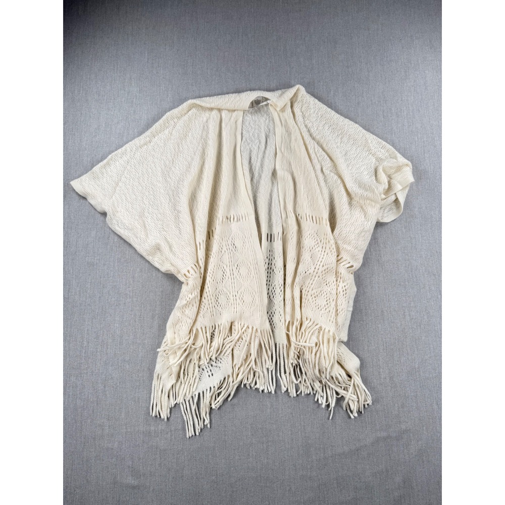 Nine West Womens Cream Pointelle Knit Fringe Open Front Cardigan Wrap OS